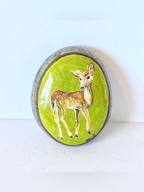 Charming Hand-Painted Fawn Rock Art Paperweight Artist Signed